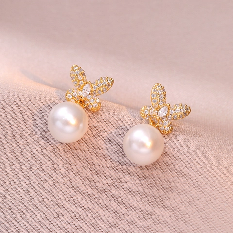 Butterfly Bow Artificial Pearl Earrings Zircon Inlaid Copper Dangle Ear Studs Elegant Fashion Jewelry For Women