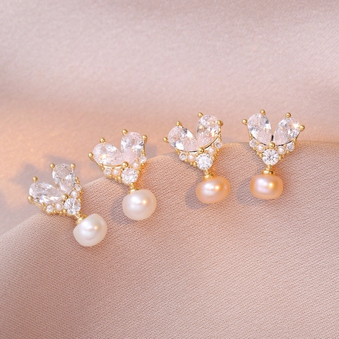 Vintage Herz Süßwasserperlen Tropfenohrringe Kupfer Zirkonia Eingelegt Eleganter Modeschmuck Für Damen