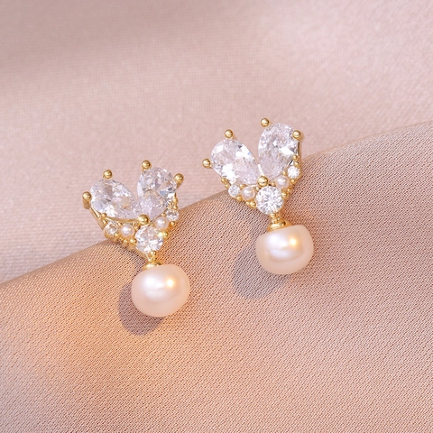 Vintage Herz Süßwasserperlen Tropfenohrringe Kupfer Zirkonia Eingelegt Eleganter Modeschmuck Für Damen