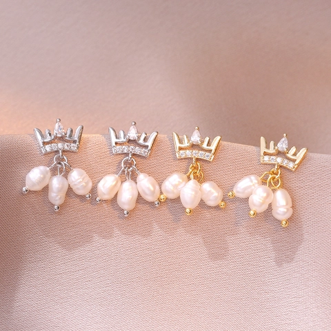 Orecchini A Goccia Corona Perla D'acqua Dolce Rame Zircone Stile Palazzo Gioielli Eleganti Per Donne