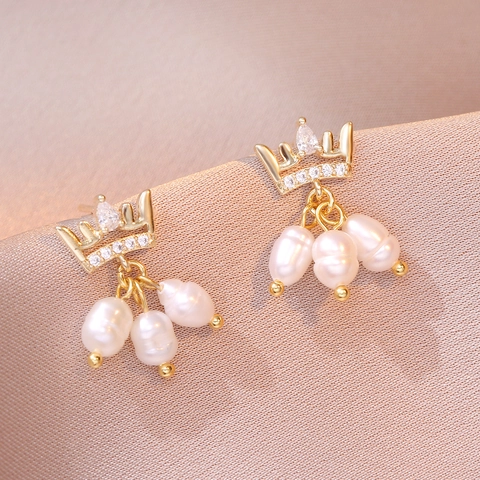 Orecchini A Goccia Corona Perla D'acqua Dolce Rame Zircone Stile Palazzo Gioielli Eleganti Per Donne