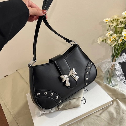 Women Underarm Shoulder Bag PU Leather Metallic Bow Rivet Decor Y2K Vintage Style Solid Color