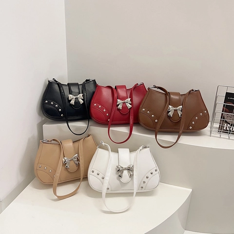 Women Underarm Shoulder Bag PU Leather Metallic Bow Rivet Decor Y2K Vintage Style Solid Color