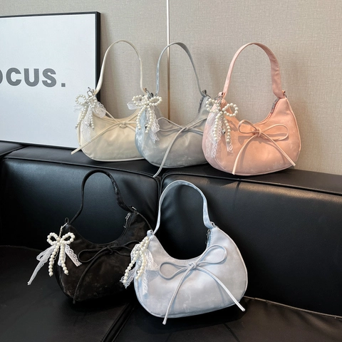 Sac Hobo Vintage en PU avec Nœud pour Femme Grande Capacité Sac à Épaule Demi-Lune Avec Charme en Dentelle de Künstliche Perles Sac Bandoulière
