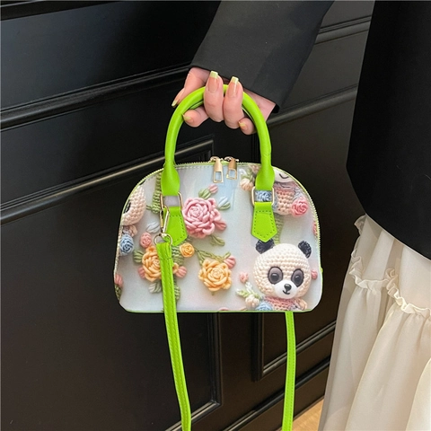 Women 3D Crochet Flower Animal Printed Shell Handbag Crossbody Bag Neon Green Contrast PU Leather Literary Fresh Small Shoulder Tote
