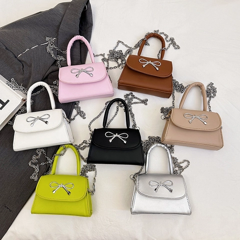 Damen Mini Schultertasche Trendy Schleife Messenger Bag PU Leder Kleine Quadratische Handtasche Mit Kettengurt Casual Tasche