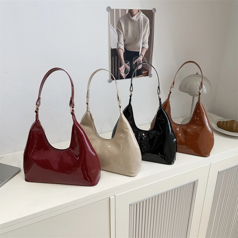 Women Vintage Patent Leather Woven Underarm Bag French Niche Style Hobo Shoulder Handbag Glossy Solid Color Chic Purse