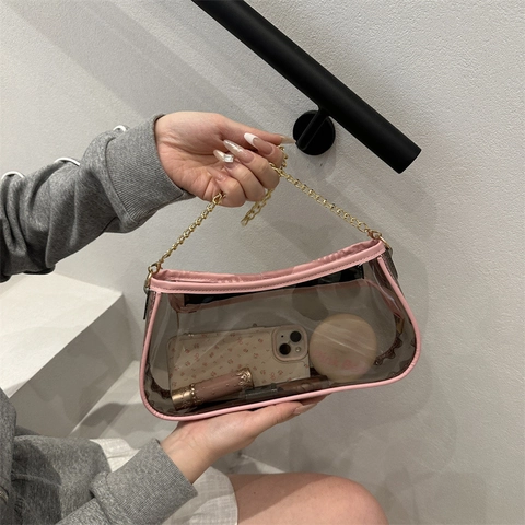 Women Fashion Clear PVC Underarm Bag With Gold Metal Chain Strap Synthetic Leather Trim Shoulder Bag For Daily Travel Party