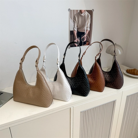 Bolso Minimalista de Cuero PU Tejido de Media Luna Para Mujer Bolso de Axila de Moda Color Sólido Gran Capacidad Bolso de Hombro Diario