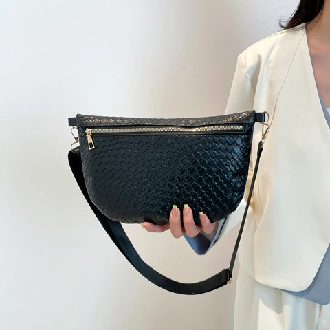 Gewebte Textur Umhängetasche Brusttasche PU Leder Halbmond Gürteltasche Mit Verstellbarem Breitem Gurt Lässig Minimalistisch Für Damen