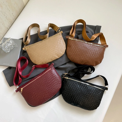 Gewebte Textur Umhängetasche Brusttasche PU Leder Halbmond Gürteltasche Mit Verstellbarem Breitem Gurt Lässig Minimalistisch Für Damen