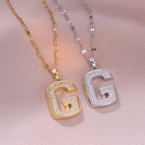 Titanium Stahl G Buchstaben Anhänger Halskette Mit Zirkonia Einfache Retro Trendige Mode Schmuck Für Frauen Mädchen