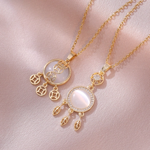 Women Dream Catcher Cat Eye Stone Pendant Necklace Stainless Steel Gold Plated Zirconia Ancient Coin Tassel Clavicle Chain