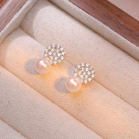 Elegant Geometric Artificial Pearl Stud Earrings With Zircon Micro Pave Copper 925 Sterling Silver Earring Post Korean Style For Women