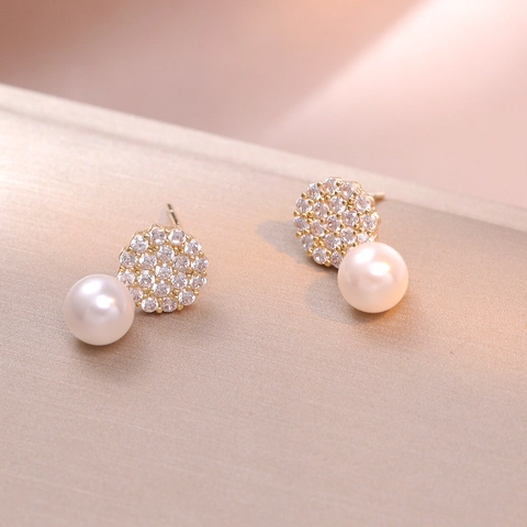 Elegant Geometric Artificial Pearl Stud Earrings With Zircon Micro Pave Copper 925 Sterling Silver Earring Post Korean Style For Women