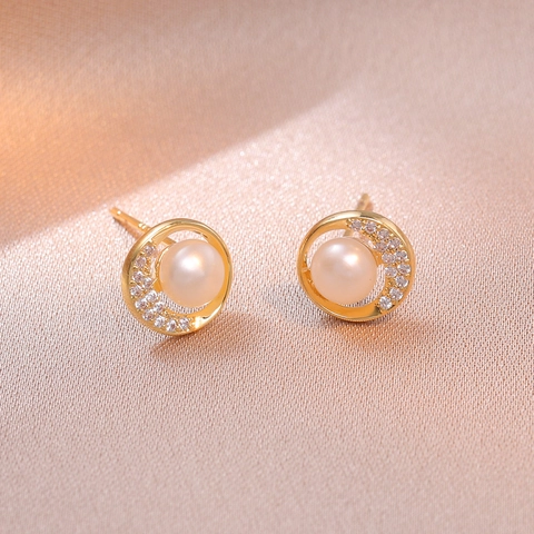 Boucles D'oreilles Puces Süßwasserperle Élégantes Cuivre Avec Zircon Style Géométrique Vintage Et Tige En Argent Pour Femme
