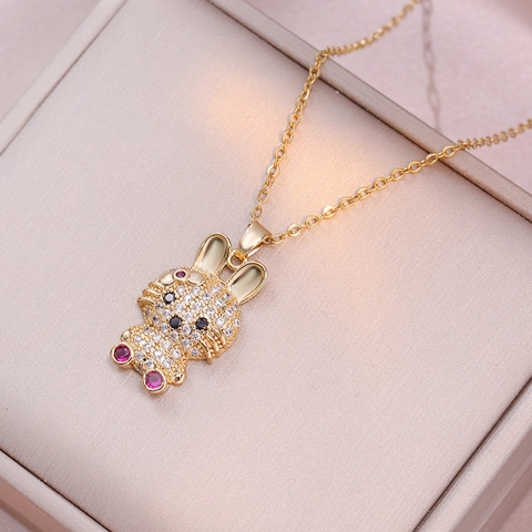 Cute Rabbit Pendant Necklace Titanium Steel Zircon Rhinestone Inlaid Animal Shape Fashion Jewelry For Women