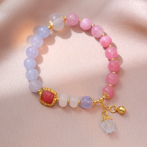 Beaded Bracelet Agate Alloy Bell Lily Of The Valley Charm Square Gemstone Pendant Retro Fashion For Women