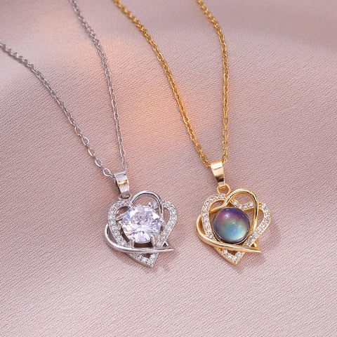 Collana Con Pendente A Doppio Cuore Acciaio Inossidabile Cambio Colore Sensibile Temperatura Zircone Gioielli Donna