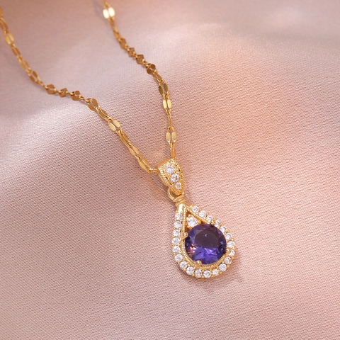 Exquisito Collar Con Colgante de Gota de Agua Circón Púrpura Acero de Titanio Chapado en Oro Para Mujer Joyería