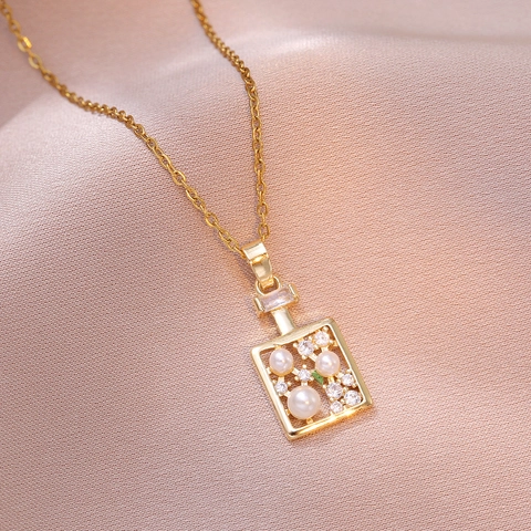 Collana Con Pendente A Boccetta Di Profumo Donne Acciaio Inossidabile Cornice Rettangolare Cava Zircone Perla Artificial Elegante