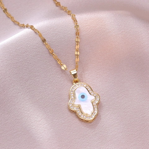 Hamsa Hand Evil Eye Pendant Necklace For Women Copper With Mother Of Artificial Pearl Inlaid Zircon Fashion Protective Jewelry
