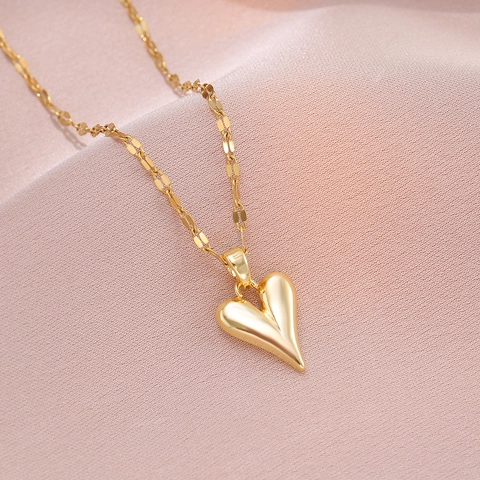 Heart Pendant Necklace Stainless Steel 3D Love Heart Gold Plated Minimalist Polished Jewelry Gift For Women Elegant