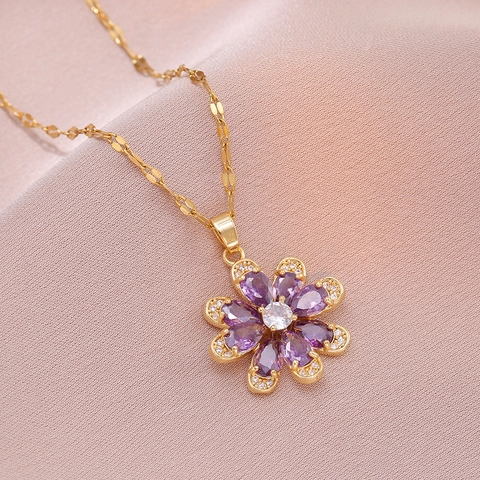 Collana Con Pendente A Fiore In Zircone Viola Gioielli Floreali In Acciaio Inossidabile Per Donna Elegante Accessorio Di Moda