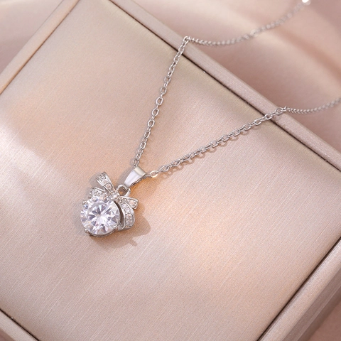 Collana Con Pendente A Fiocco Scintillante Zirconia Cubica Acciaio Inossidabile Gioielli Catena Clavicola Minimalista Coreana Per Donne