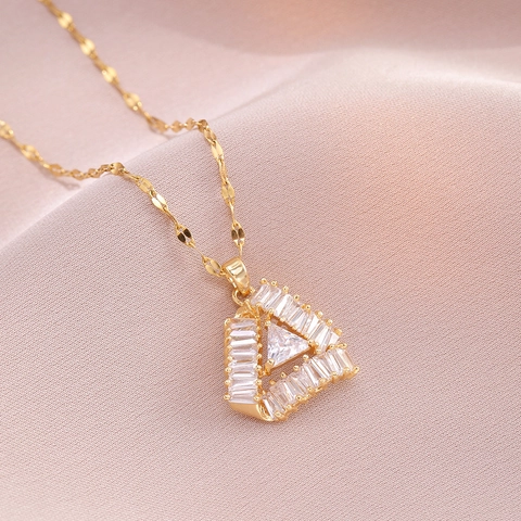 Stainless Steel Necklace Baguette Cut Cubic Zirconia Triangle Pendant Geometric Minimalist Trendy Jewelry For Women