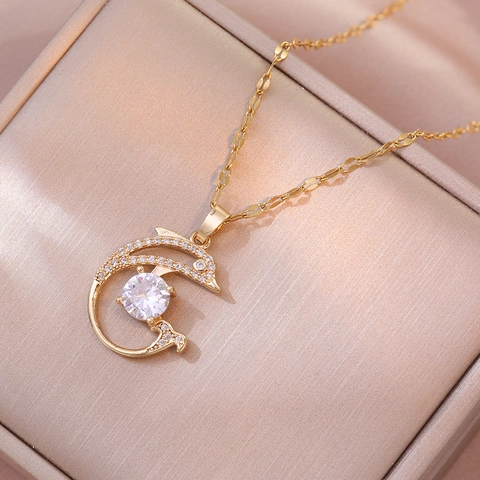 Delphin Anhänger Halskette Edelstahl Zirkonia Eingelegt Schicke Schlüsselbein Kette Tier Schmuck Zubehör Für Frauen