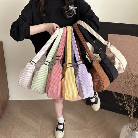 Women Corduroy Crescent Hobo Shoulder Bag Large Capacity Solid Color Adjustable Strap Casual Vintage Handbag Daily Travel