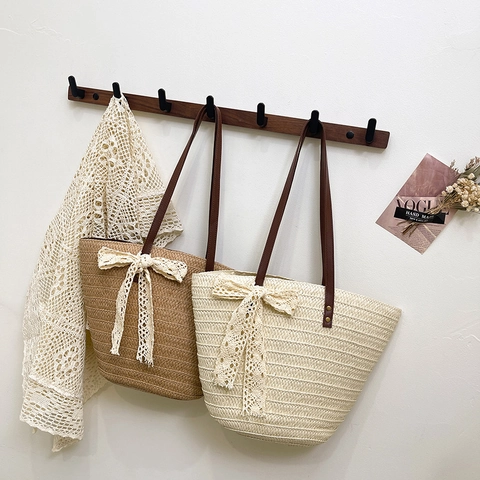 Damen Mode Stroh Gewebte Eimertasche Große Kapazität Sommer Strand Tote Schultertasche Mit Spitzenschleife Lässige Urlaub Handtasche