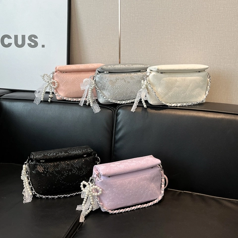 Bolso Bandolera de Cuero PU con Patrón de Serpiente para Mujer Bolso Cuadrado Pequeño Street Style con Cadena Perla Encaje