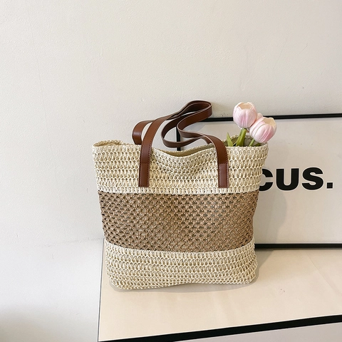 Bolso Tote de Paja Tejido a Mano para Mujer Moda Bolso de Hombro de Bloque de Color Con Colgante de Borla Playa de Verano Bolso Casual