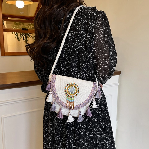Damen Gewebte Muschel Umhängetasche Bohemian Ethno Quaste Perlen Crossbody Tasche Urlaub Strand Stroh Handgefertigte Mode Tasche