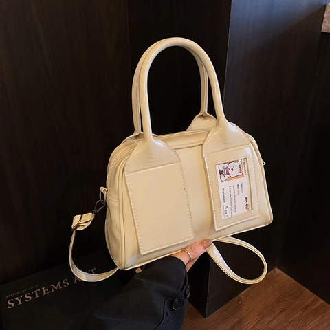 Borsa Boston Retrò Donna in Pelle PU Lucida Metallizzata Grande Capacità Borsa a Tracolla Con Fessura per Carta Trasparente