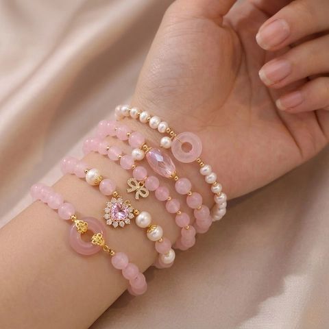 Elegante Rozenkwarts Zoetwaterparel Armband Vrouwen Roze Kristallen Kralenarmband Met Bloem Hart Strik Charm Sieraden