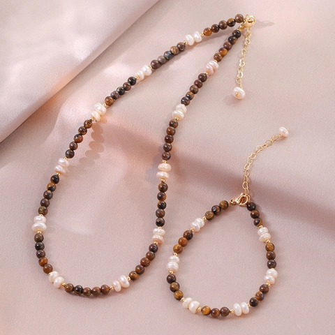 Ensemble Collier et Bracelet en Acier Inoxydable avec Perles d'Eau Douce Baroques et Pierre Œil de Tigre pour Femme