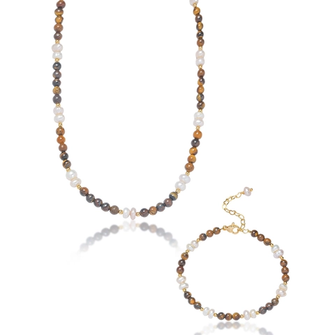Ensemble Collier et Bracelet en Acier Inoxydable avec Perles d'Eau Douce Baroques et Pierre Œil de Tigre pour Femme
