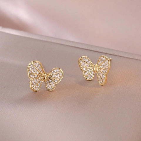 Orecchini A Lobo Farfalla In Rame Con Zirconi E Perno In Argento Sterling 925 Stile Coreano Per Donna
