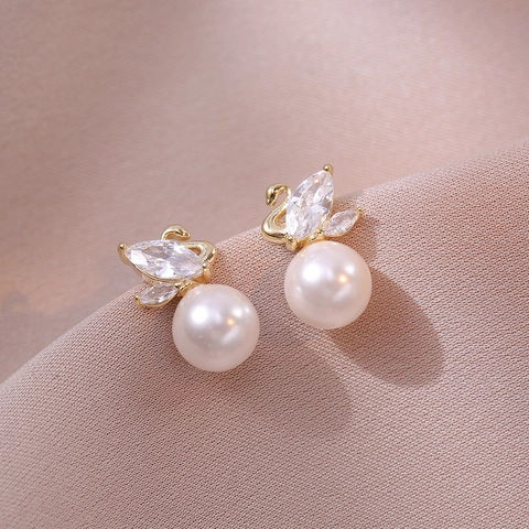 Swan Shape Earrings Copper With Marquise Zircon And Shell Artificial Pearl Elegant Korean Style For Women