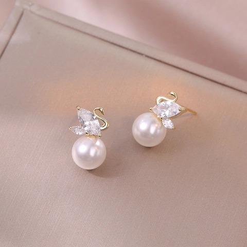 Swan Shape Earrings Copper With Marquise Zircon And Shell Artificial Pearl Elegant Korean Style For Women