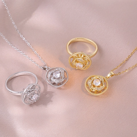 Draaiende Bloem Sieradenset Titanium Staal Zirkoon Holle Roos Ketting En Ring Elegant Mode Nicheontwerp Voor Vrouwen