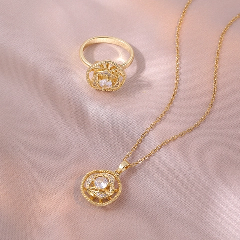 Draaiende Bloem Sieradenset Titanium Staal Zirkoon Holle Roos Ketting En Ring Elegant Mode Nicheontwerp Voor Vrouwen