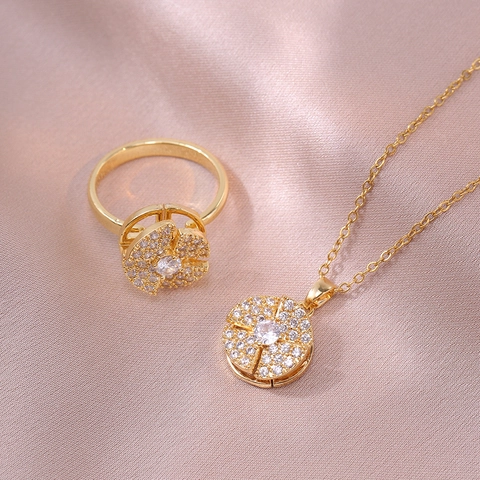 Rotating Flower Pendant Necklace And Ring Set Stainless Steel Gold Plated Zirconia Inlaid Fashion Jewelry For Women Elegant Jewelry Set