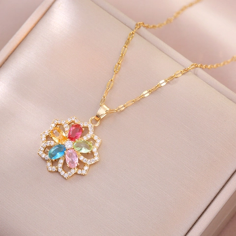 Collana Con Pendente A Fiore In Zircone Colorato Acciaio Inossidabile Gioielli Floreali Eleganti Design Di Nicchia Per Donne