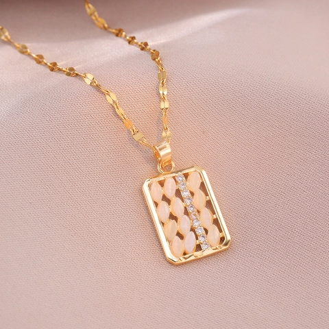 Collar Con Colgante De Ábaco De Acero De Titanio Con Piedra De Ojo De Gato Y Circonita Para Mujer Joyería