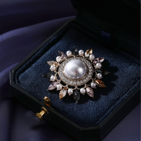 Vintage Sonnenblume Brosche Damen Bunt Kristall Kunstperle Kupfer Legierung Brosche Anzug Hochzeit Schmuck Geschenk