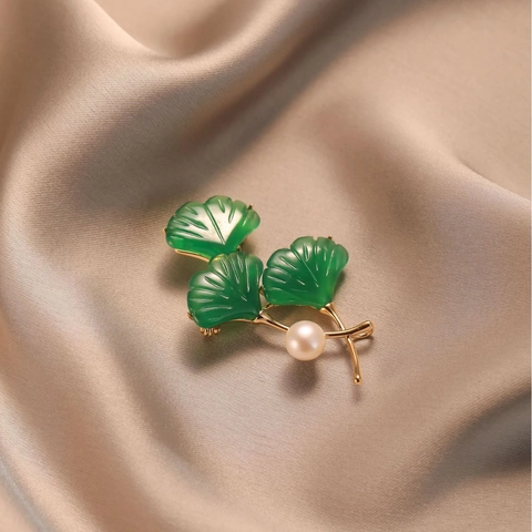 Elegante Spilla A Foglia Di Ginkgo Per Donna Fogliame Verde Smeraldo Con Decorazione Di Künstliche Perle Base In Rame Accessorio Stile Vintage